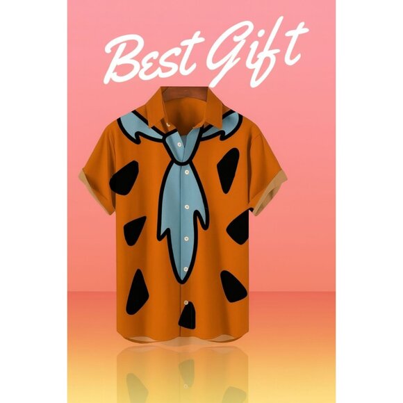 Fred Flintstones Orange Button Down Men's V-Neck Beach Party Short Sleeve Shirt - Picture 1 of 5